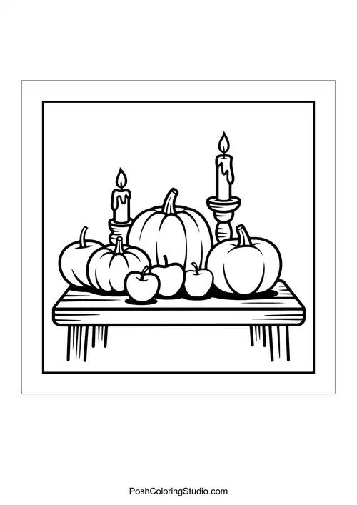 A table with pumpkins and candles on it.