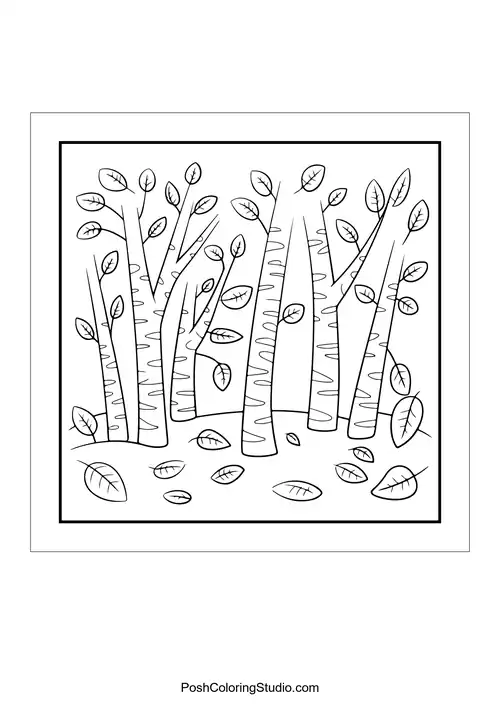 A cluster of birch trees with falling leaves.