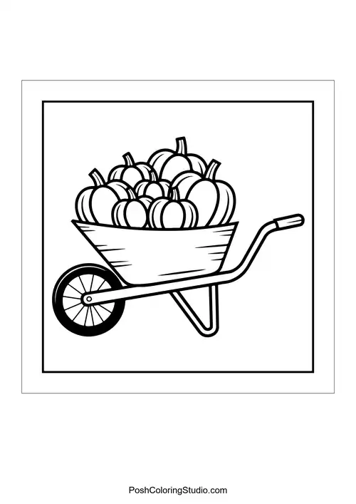 A wheelbarrow filled with pumpkins.