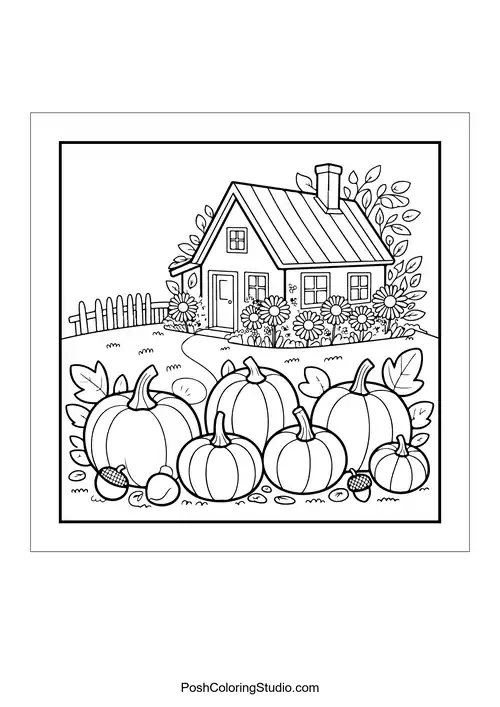 A cozy house with pumpkins and sunflowers.