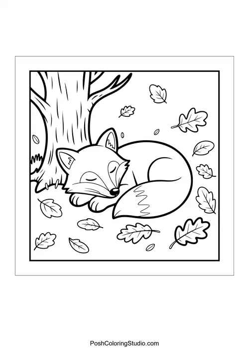 A sleeping fox under a tree with leaves.
