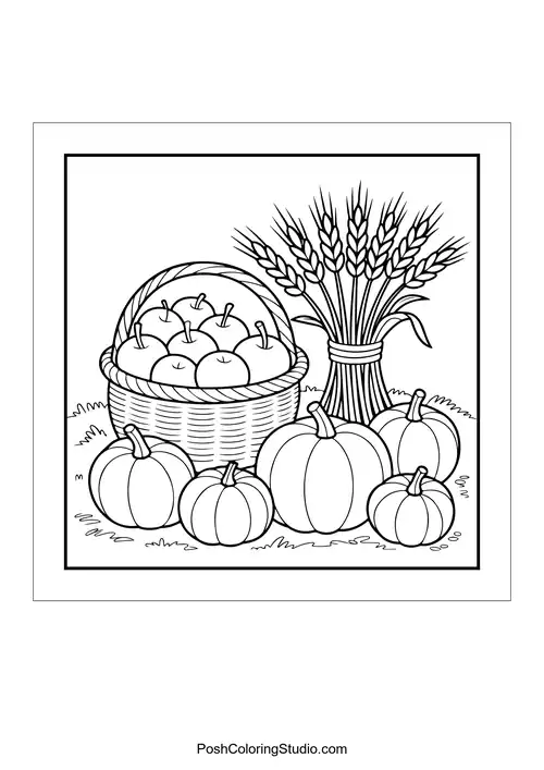 A basket filled with apples and pumpkins.