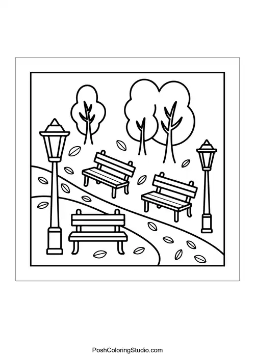 Park benches and lamp posts along a winding path.