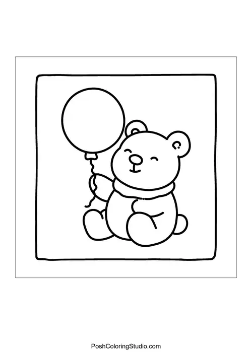 A cute teddy bear sits within a frame while holding onto a round balloon.