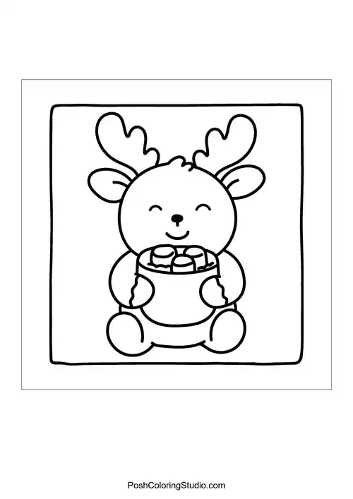 A happy reindeer holding a bag of treats.