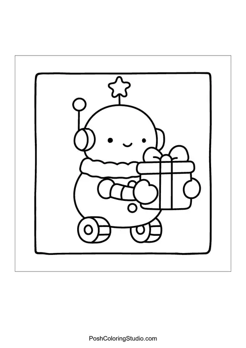 A cheerful little robot with a star antenna is holding a wrapped gift box.