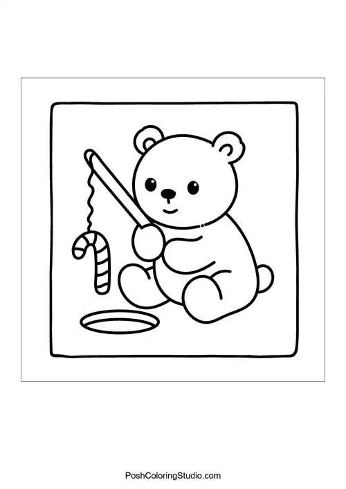 A cute cartoon bear sits on the ice while fishing with a candy cane.