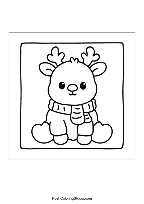 A cute reindeer wearing a scarf and sitting down.