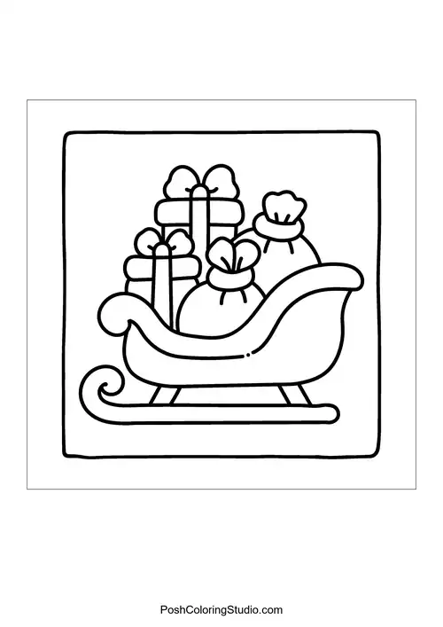 A sleigh filled with various wrapped gifts and bags.