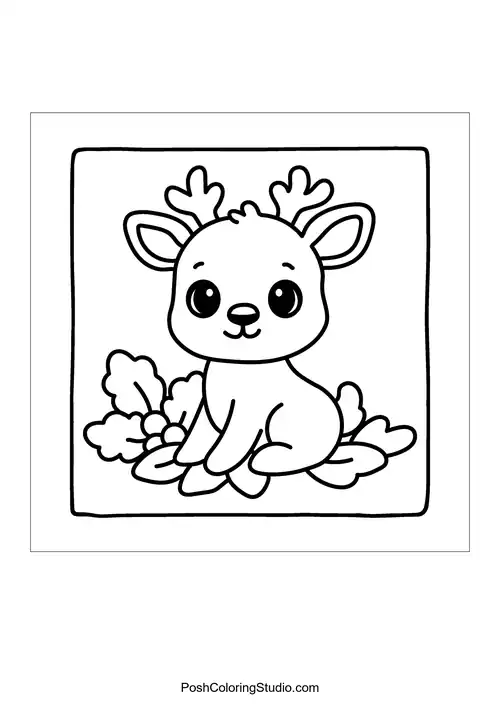 A cute deer sitting among leaves and flowers.
