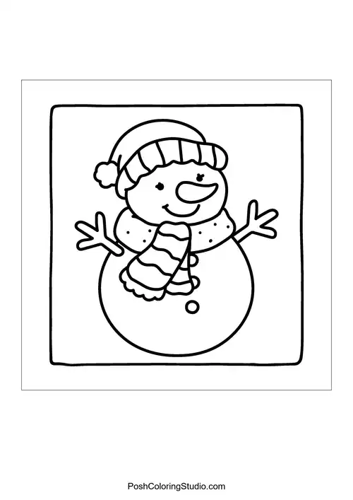 This illustration features a happy cartoon snowman wearing a winter hat and a striped scarf.