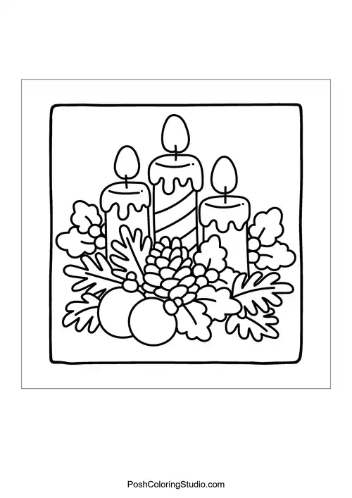 Three candles surrounded by pine and ornaments.