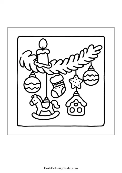 Hanging ornaments on a Christmas tree branch.
