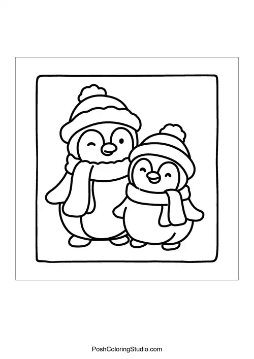 Two penguins wearing scarves and hats together.