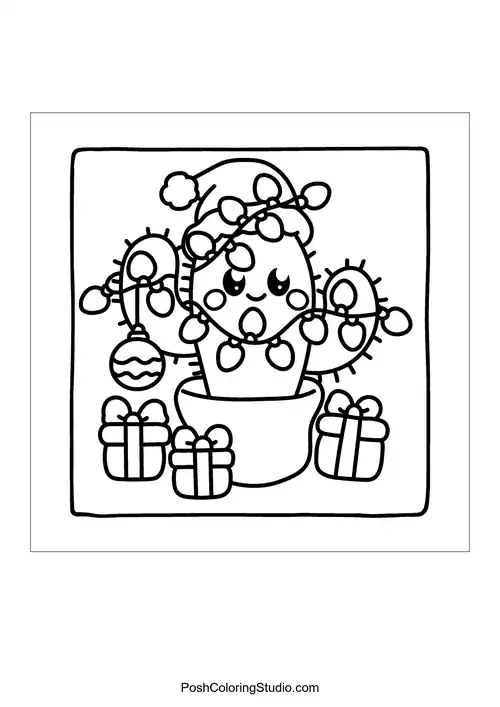 A cactus decorated with Christmas lights and ornaments.