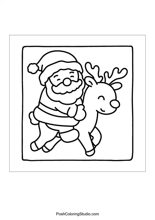 Santa Claus hugging a reindeer joyfully.
