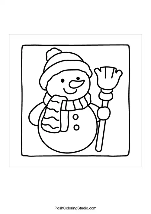 A snowman holding a broom and wearing a scarf.