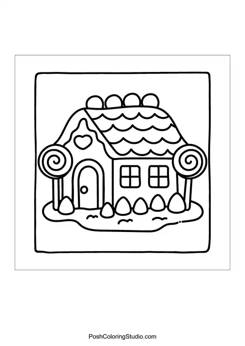 A whimsical gingerbread house with lollipop decorations.