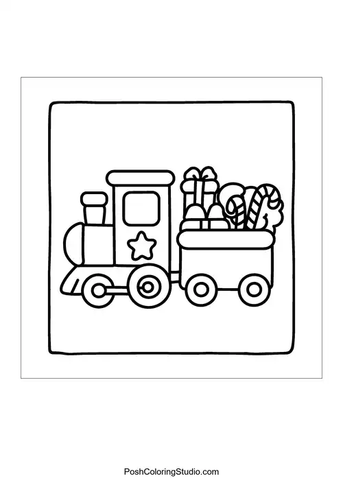 A toy train carrying gifts and candy canes.