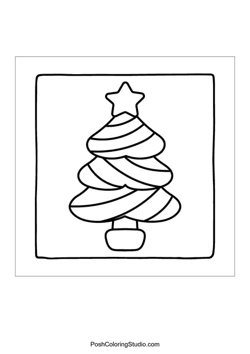 A simple depicts a Christmas tree with a star inside a square border.