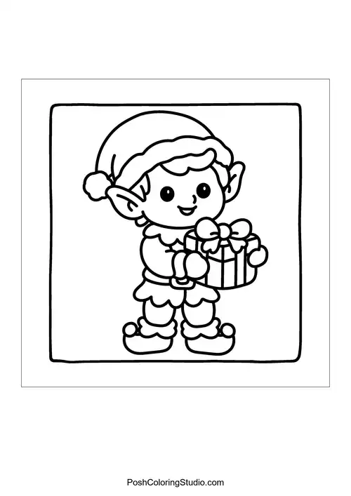 An elf holding a present with a big smile.
