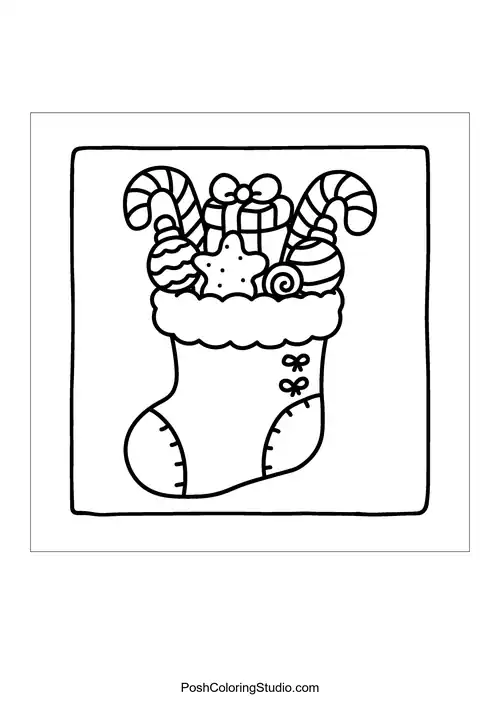 A Christmas stocking filled with gifts and candy canes.
