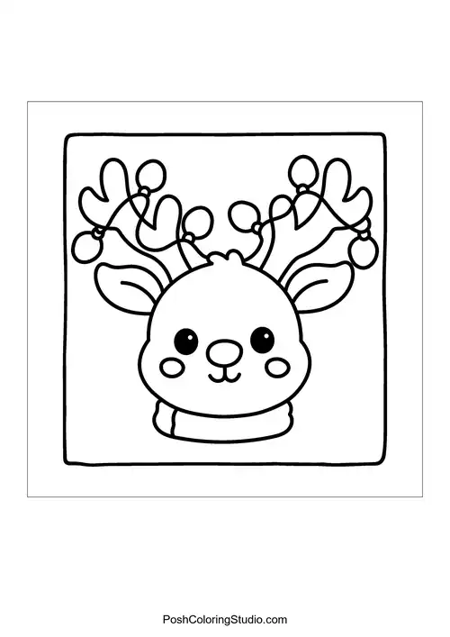 A cute reindeer with a scarf and antlers decorated with bells.