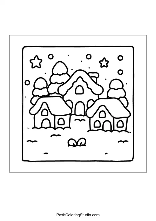 Three snow-covered houses surrounded by trees and stars.