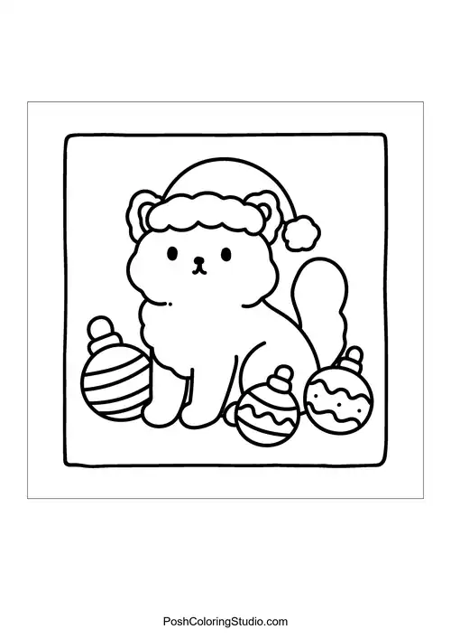A fluffy dog wearing a Santa hat next to ornaments.