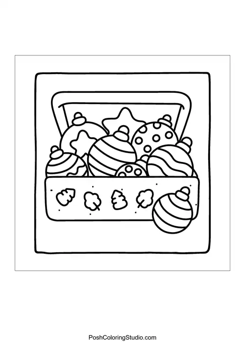 A box filled with various Christmas ornaments.