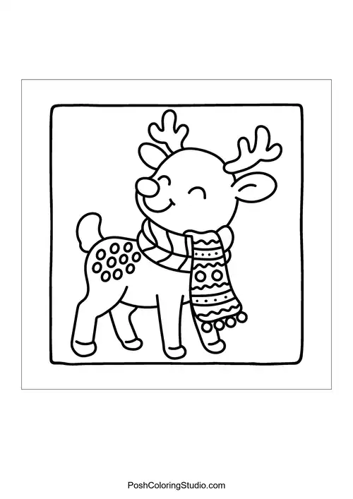 A reindeer wearing a scarf and smiling happily.