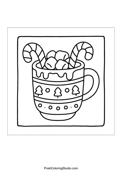 A mug filled with hot chocolate and candy canes.