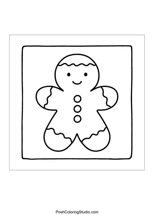 A smiling gingerbread man with icing details.