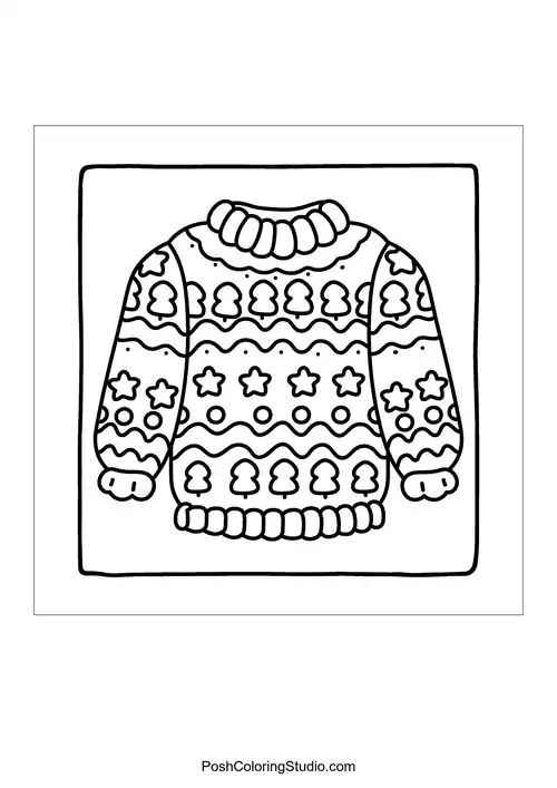 A sweater with a festive pattern of stars and trees.