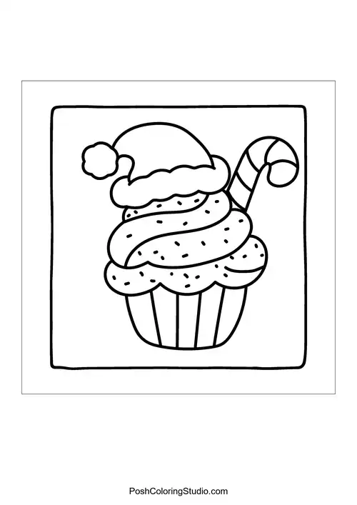 A festive cupcake topped with a hat and candy cane.