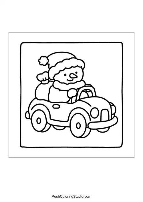 A cheerful snowman wearing a Santa hat drives a small car with a sack.