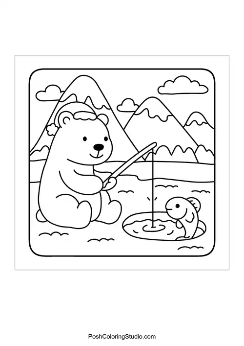 A bear fishing on a frozen lake with mountains behind.