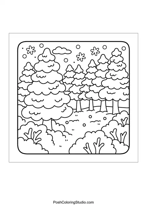 A forest scene filled with snow-covered trees.