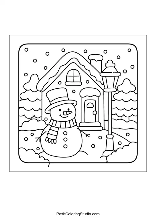 A snowman standing next to a house and streetlamp.