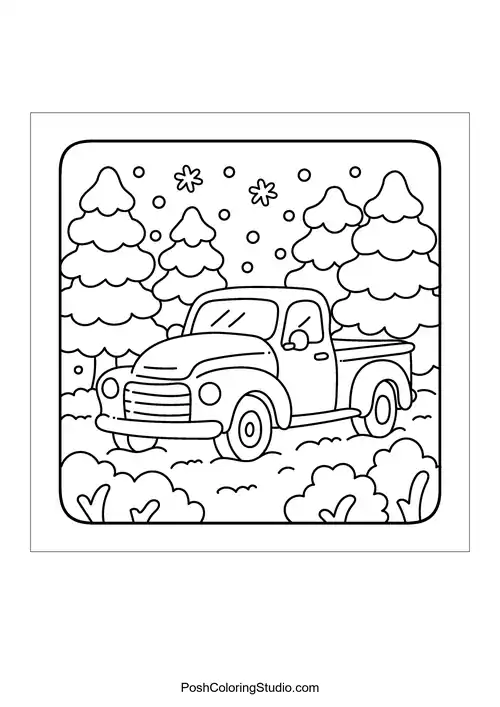 A vintage truck parked in a snowy forest landscape.