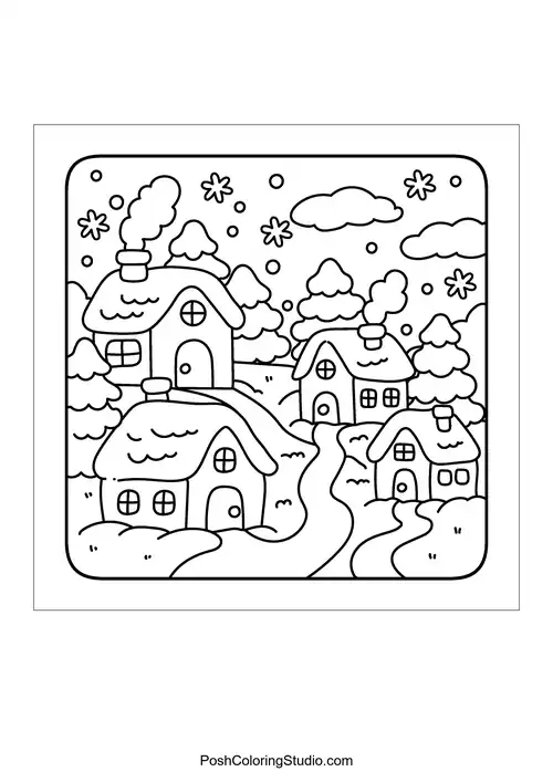 A snowy village scene with multiple cozy houses.