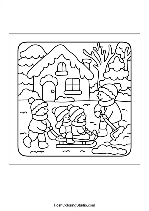 Children sledding in the snow with a house in the background.