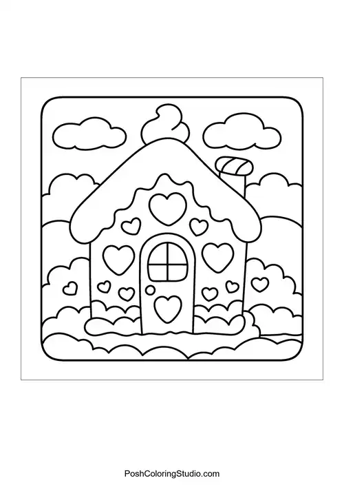 A gingerbread house with hearts and clouds around it.