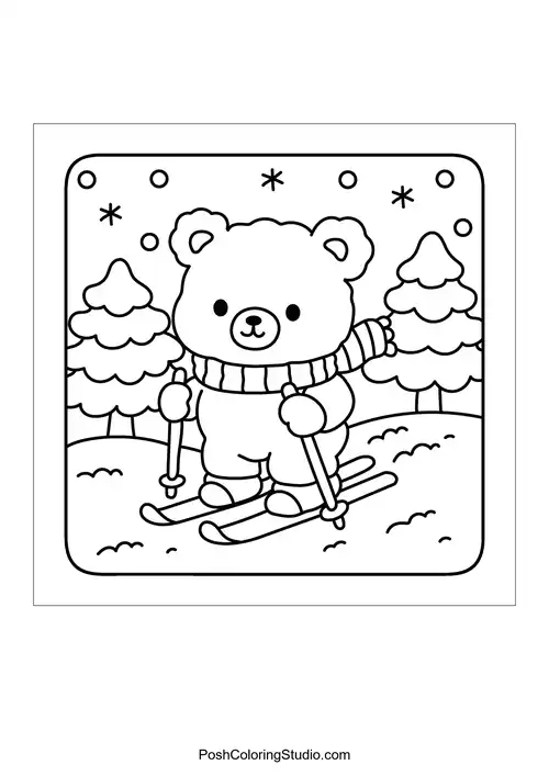 A bear skiing in a snowy landscape with trees.