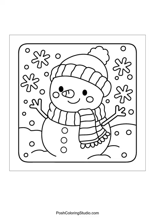 A snowman wearing a scarf and hat in the snow.