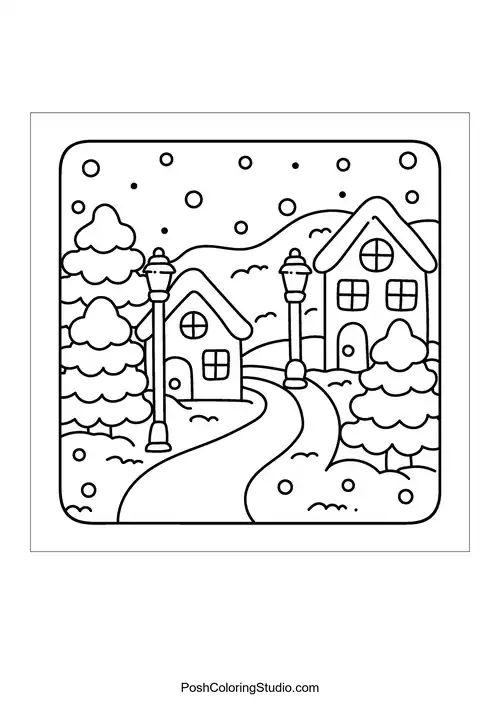 A snowy street with houses and streetlamps.