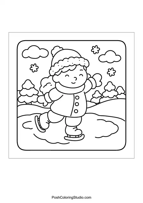 A child skating on ice with a winter hat and coat.