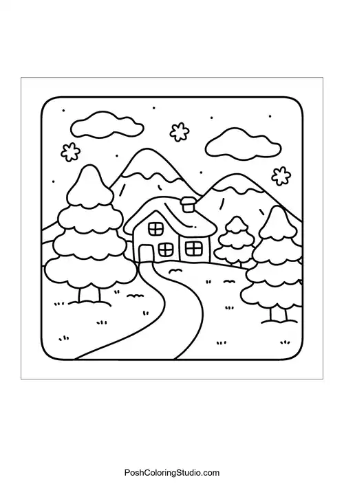 A cozy house surrounded by trees and mountains.