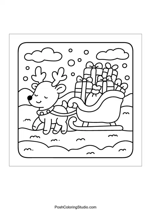 A reindeer pulling a sleigh filled with gifts.