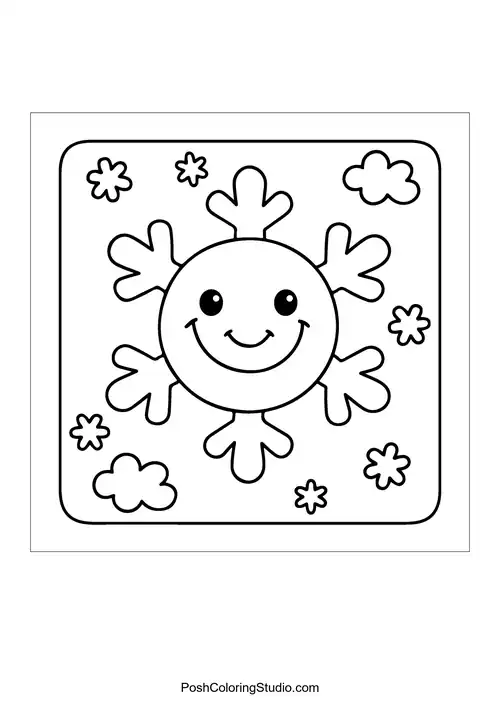 A smiling snowflake surrounded by clouds and stars.
